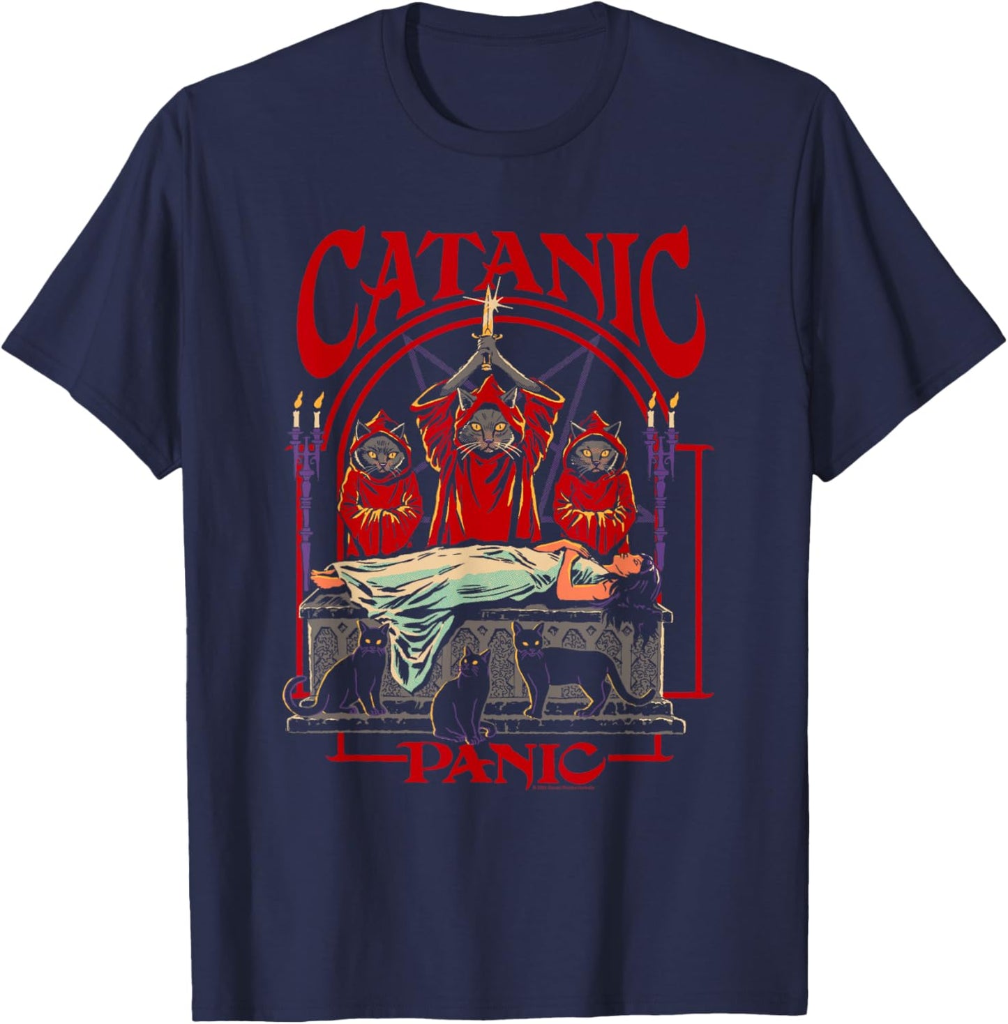 Steven Rhodes Catanic Panic Black Cats Retro Dark Humor T-Shirt - T-Shirt | Navy