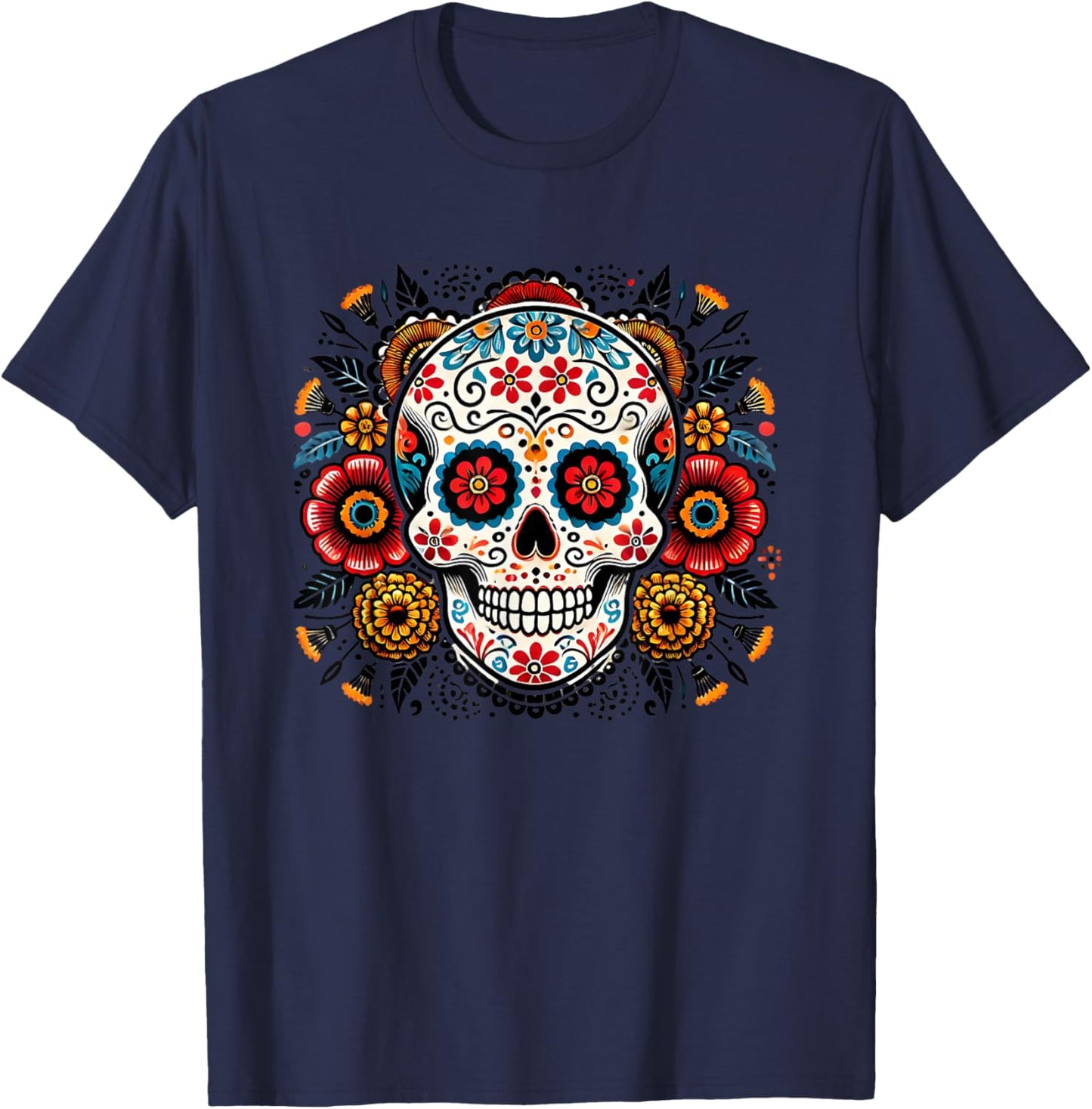 Sugar Skull Floral Art Men Women T-Shirt - T-Shirt | Navy