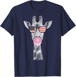 Summer Giraffe American Flag Sunglasses 4th Of July T-Shirt - T-Shirt | Navy
