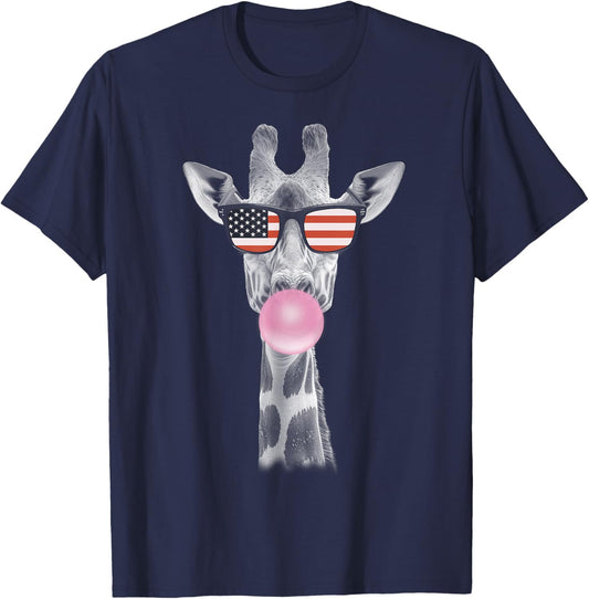 Summer Giraffe American Flag Sunglasses 4th Of July T-Shirt - T-Shirt | Navy