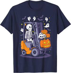 Funny Skeleton Forklift Operator Spooky Halloween Costume T-Shirt - T-Shirt | Navy