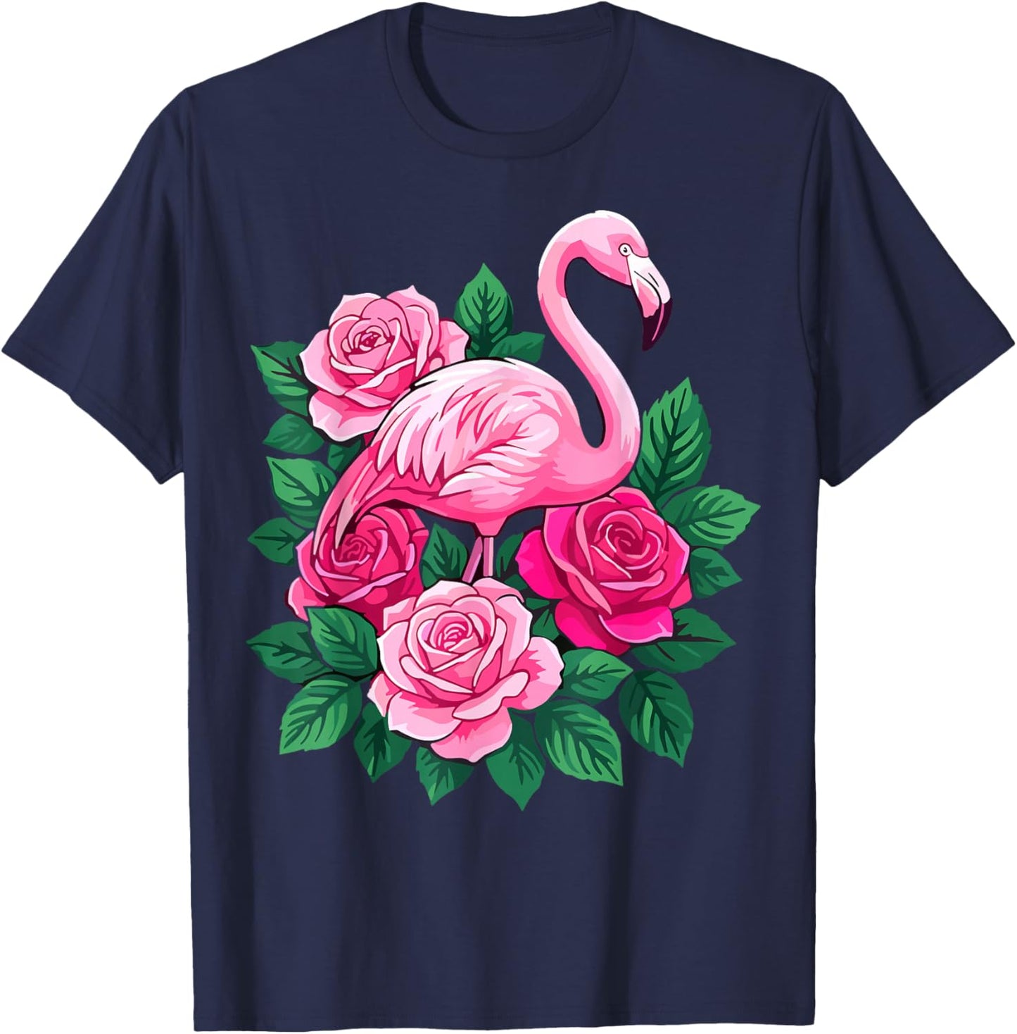 Flamingo with Roses Floral T-Shirt - T-Shirt | Navy