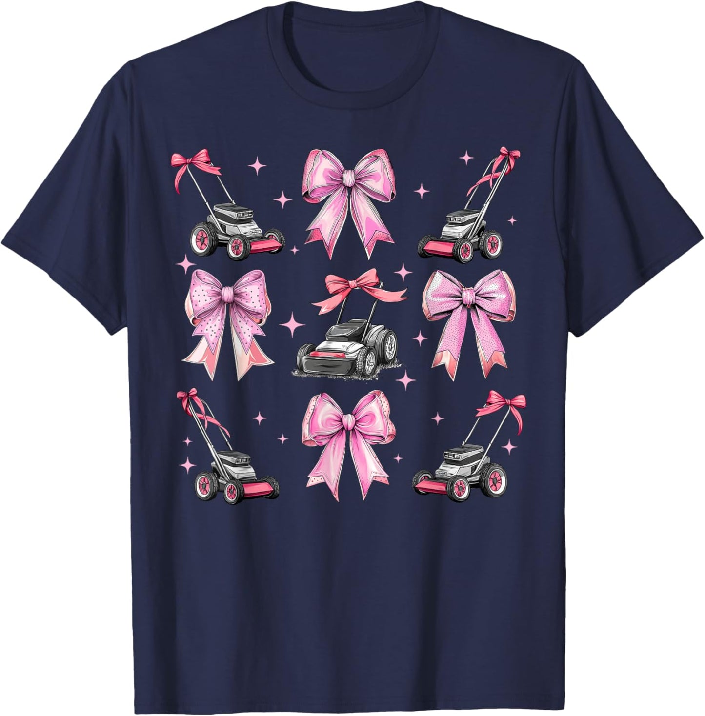 Coquette Bow Lawn Mowing Lawn Mower Gardening Girl Mom Pink T-Shirt - T-Shirt | Navy