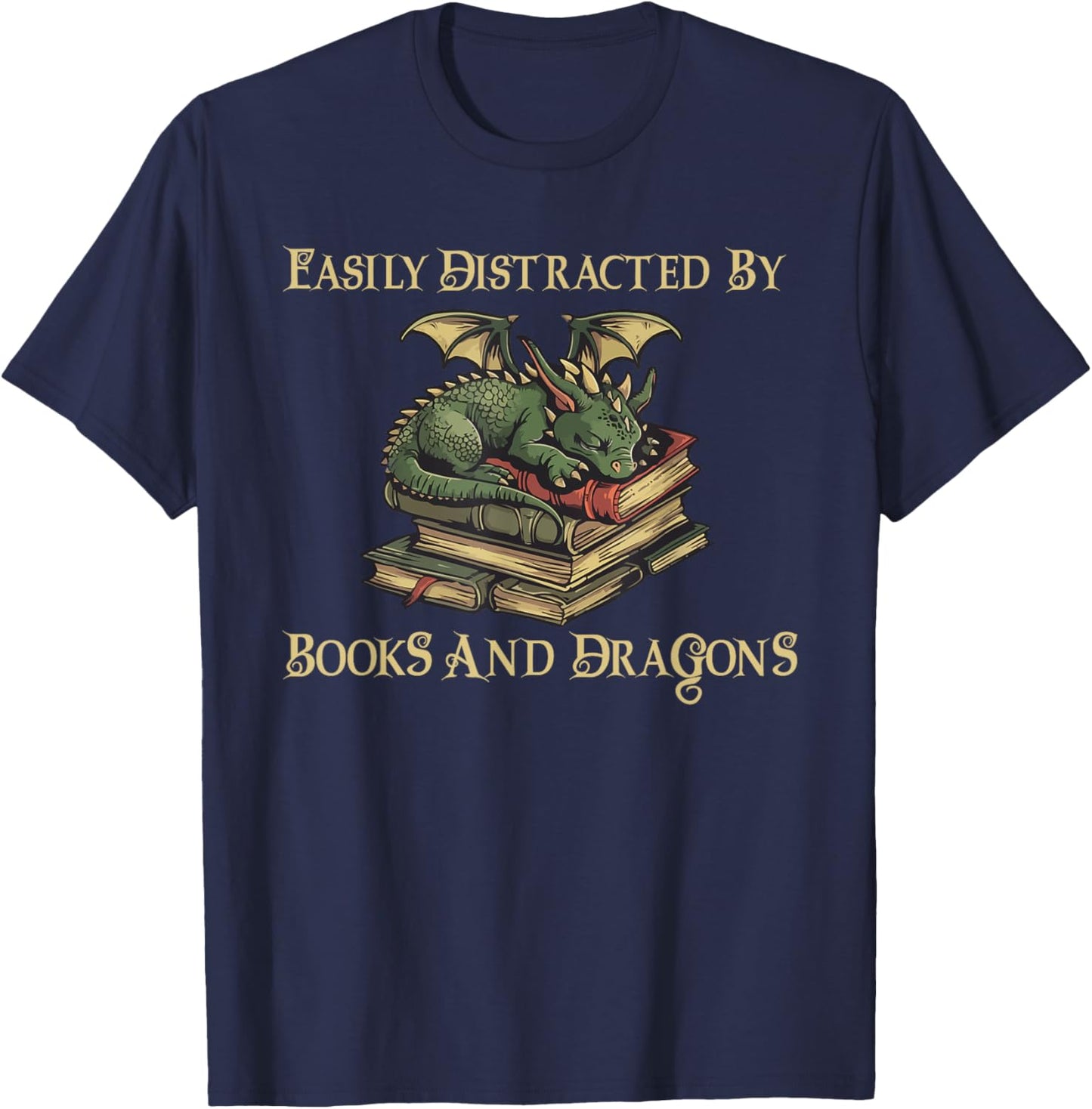 Easily Distracted By Books And Dragons Graphic T-Shirt - T-Shirt | Navy