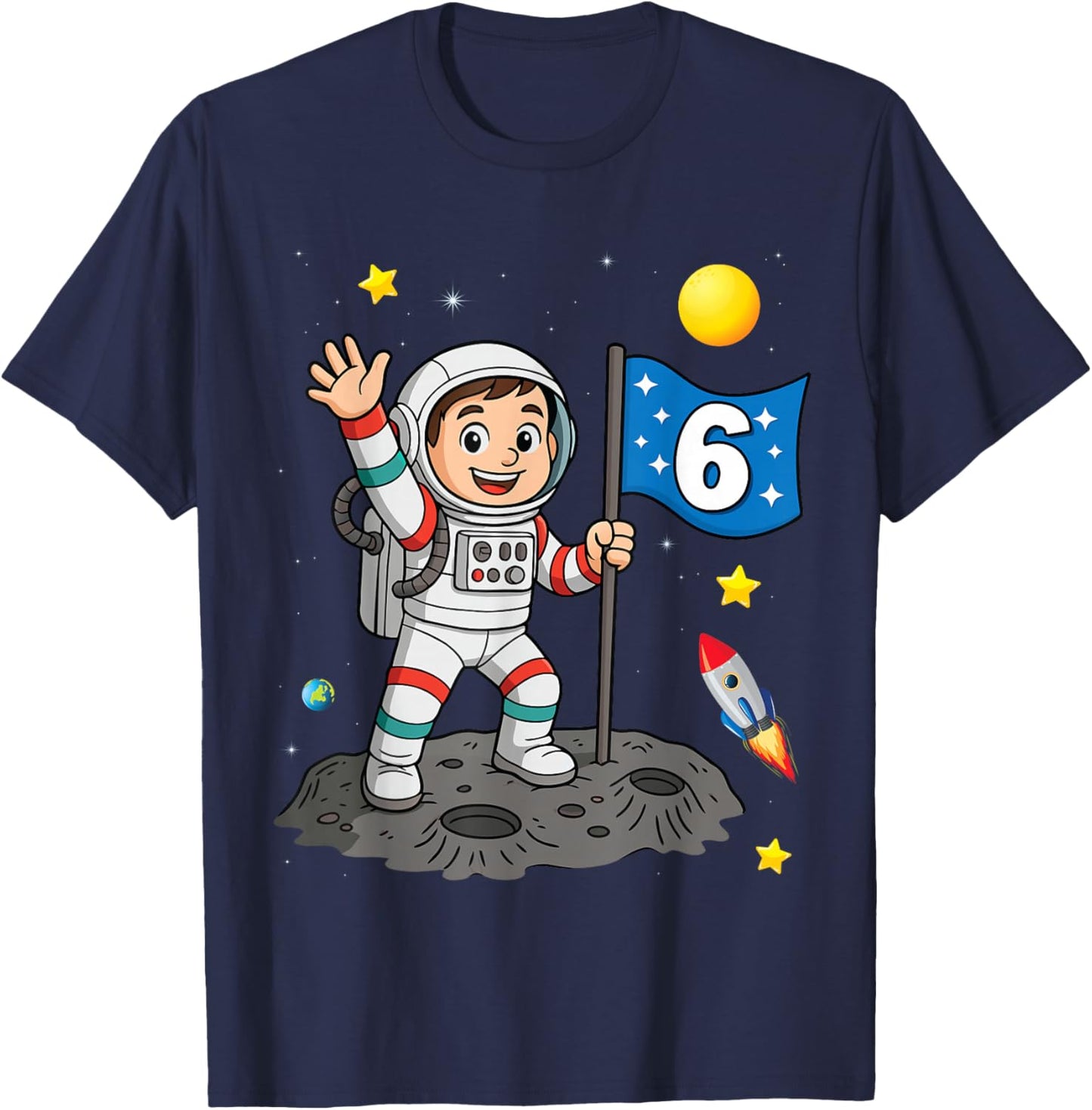 Six 6yr 6th Boys Girls Astronaut Space Birthday 6 Years Old T-Shirt - T-Shirt | Navy