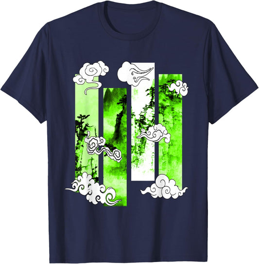 Green Japanese Cliffs Scene Green Graphic T-Shirt - T-Shirt | Navy