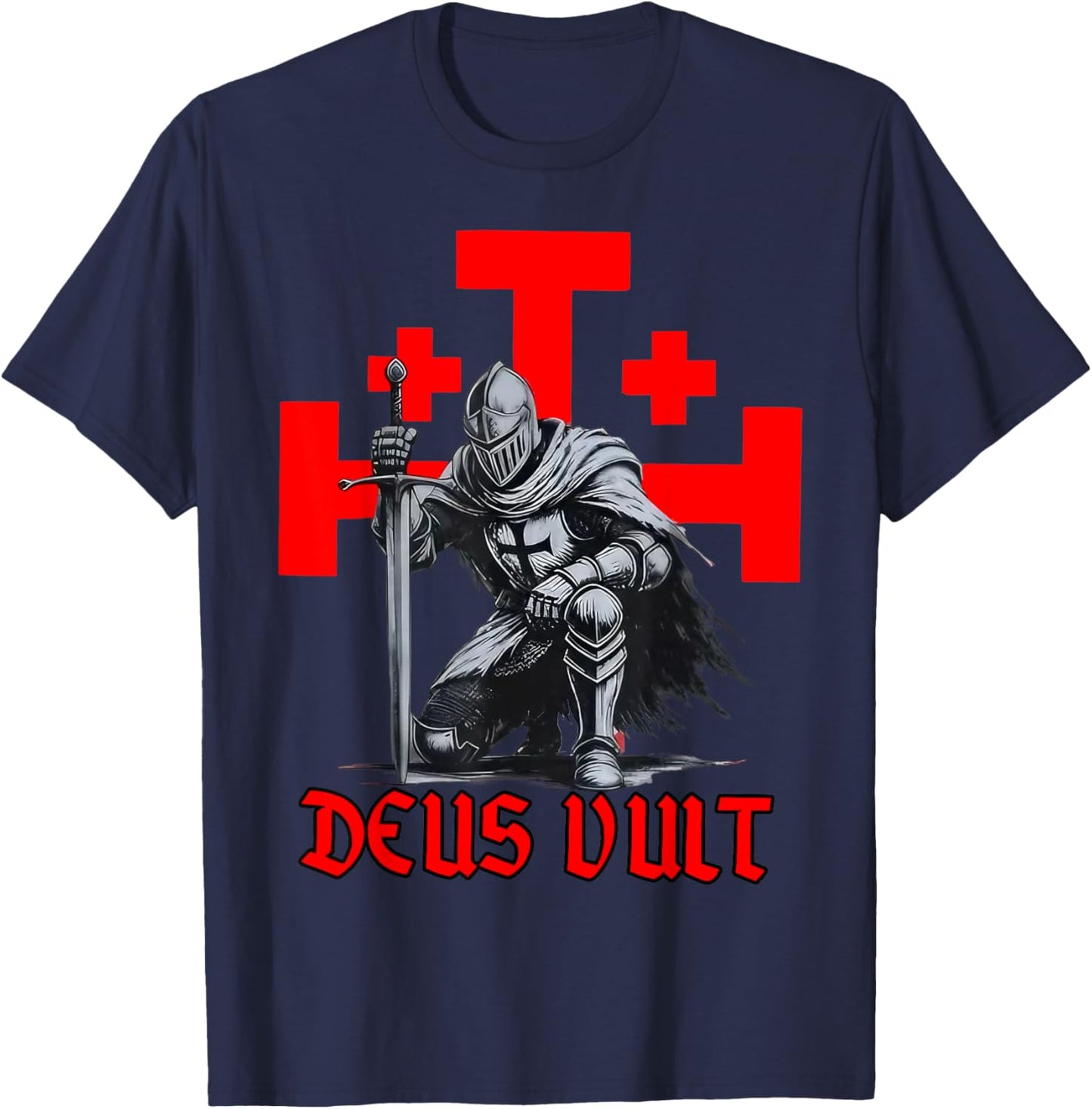 Templar Knight Crusader Deus Vult Cross Medieval Faith T-Shirt - T-Shirt | Navy