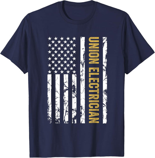 Union Electrician USA American Flag Pro Union Workers Rights T-Shirt - T-Shirt | Navy