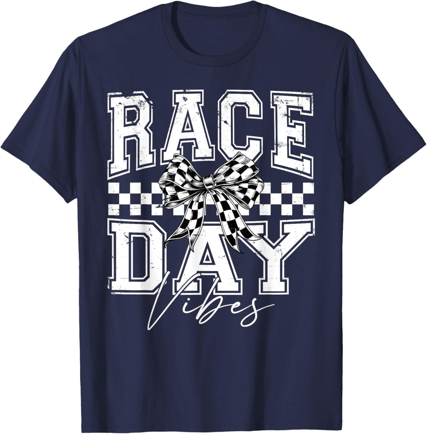 Race Day Vibes Checkered Coquette Bow Car Racing Men Women T-Shirt - T-Shirt | Navy