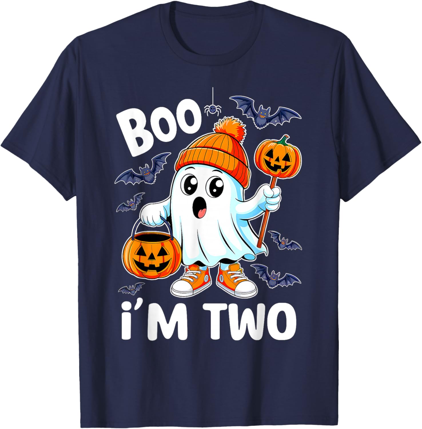 Boo I'm Two Ghost 2nd Birthday Halloween Boy Kids Groovy T-Shirt - T-Shirt | Navy