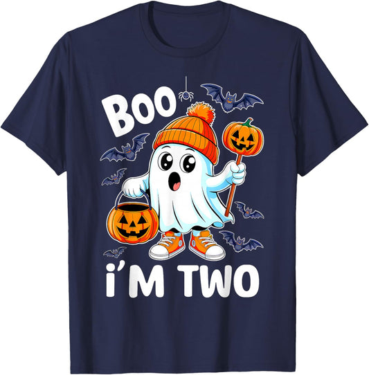 Boo I'm Two Ghost 2nd Birthday Halloween Boy Kids Groovy T-Shirt - T-Shirt | Navy