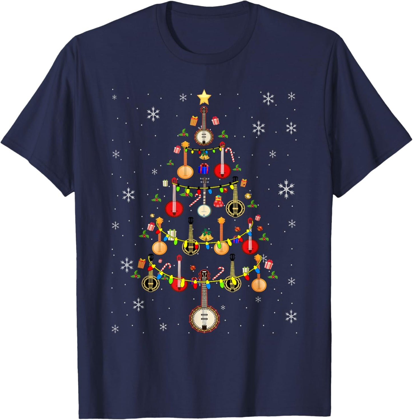 Banjo Music Lover Xmas Santa Hat Banjo Christmas Tree T-Shirt - T-Shirt | Navy