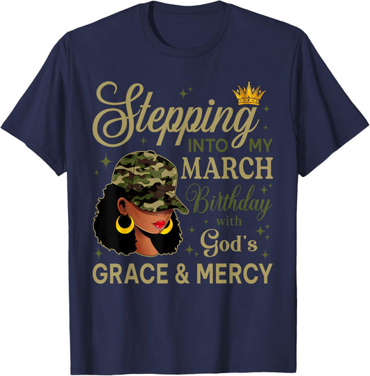 Stepping Into My March Afro Queen Camo Cap Birthday T-Shirt - T-Shirt | Navy