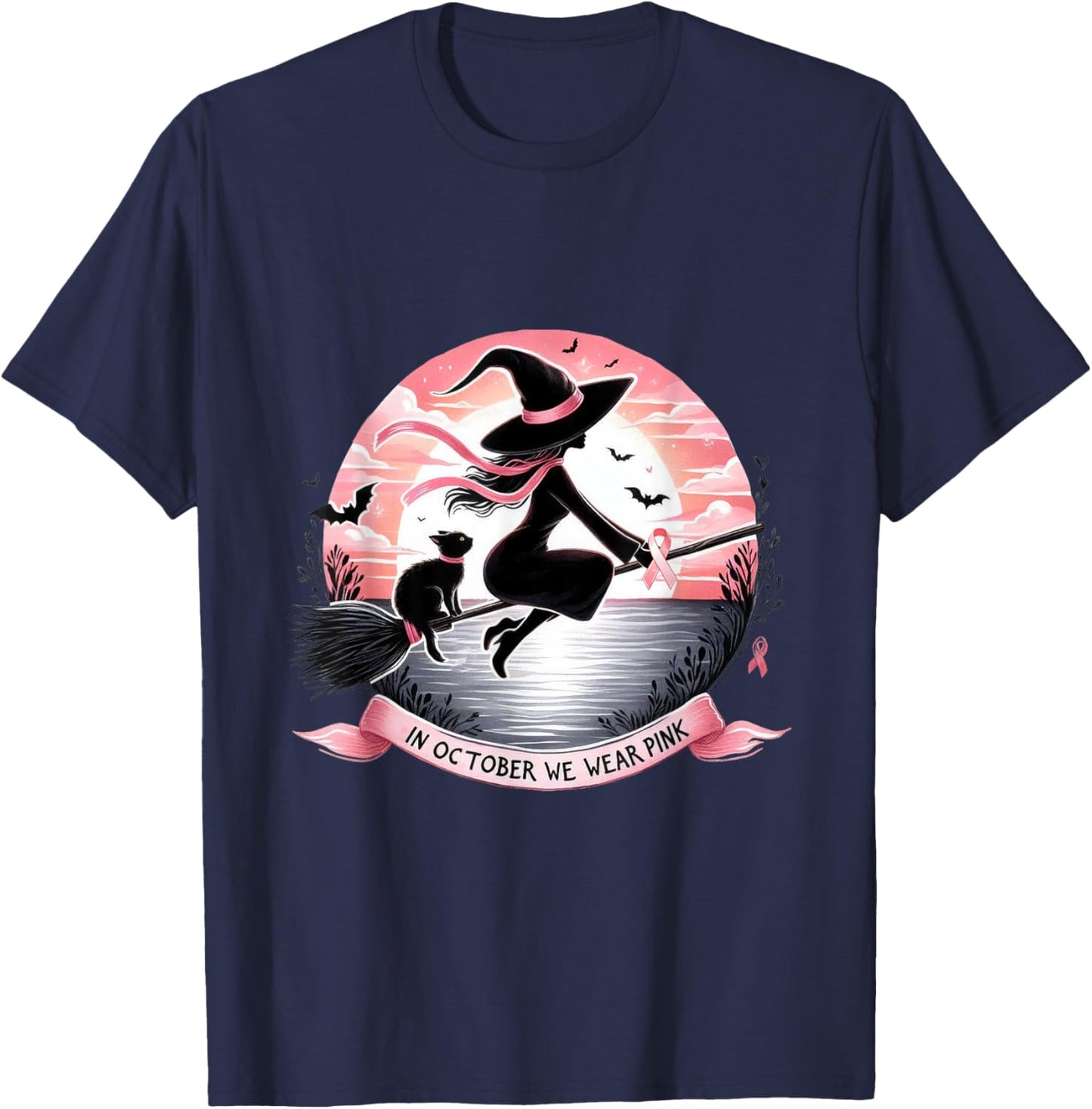 Witch In October We Wear Pink Ribbon Breast Cancer Awareness T-Shirt - T-Shirt | Navy