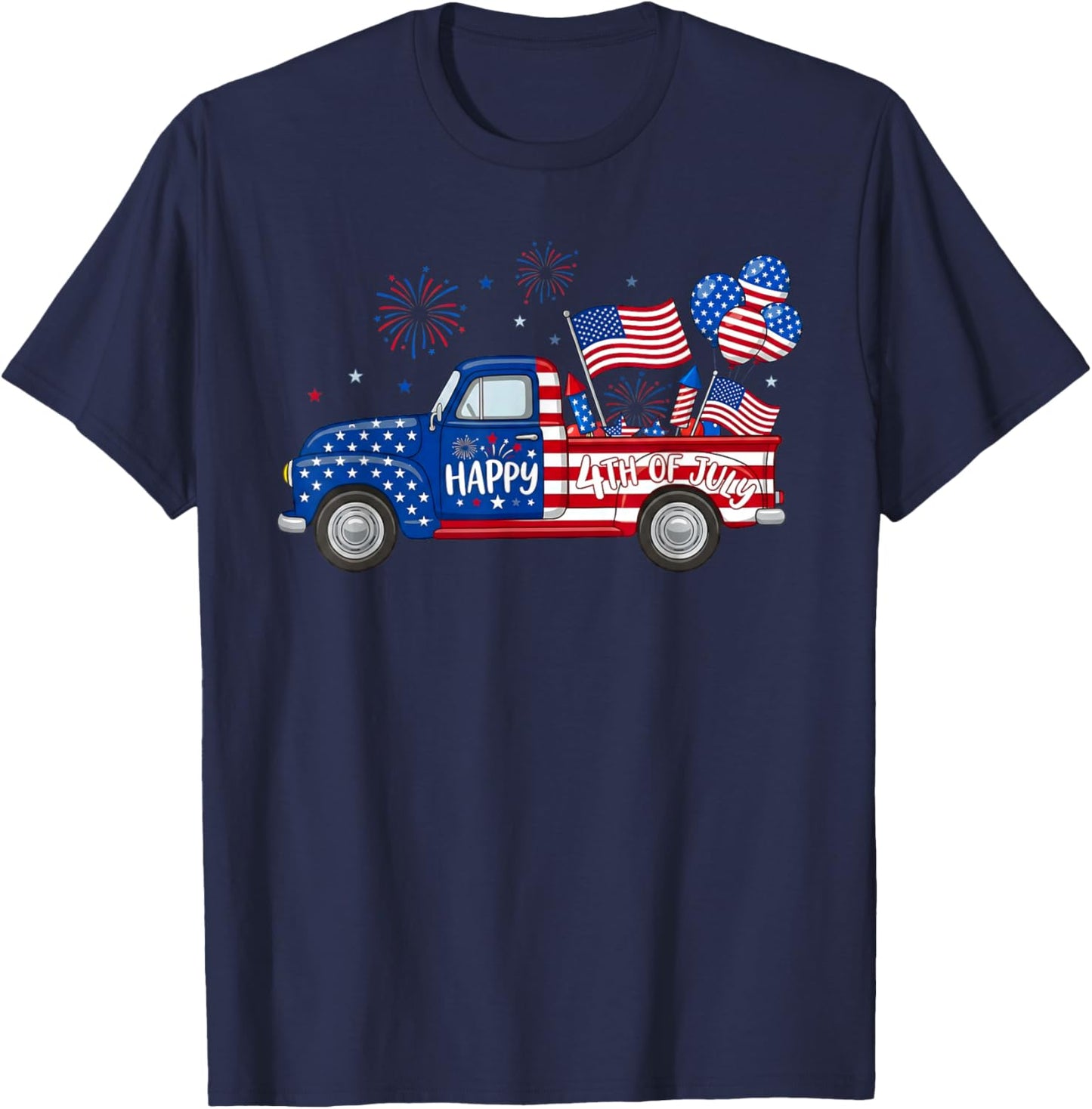 Classic Patriotic Truck Happy 4th of July USA Flag Farmhouse T-Shirt - T-Shirt | Navy