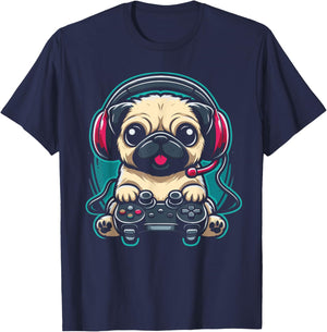 Gamer Pug Playing Video Games Gaming T-Shirt - T-Shirt | Navy