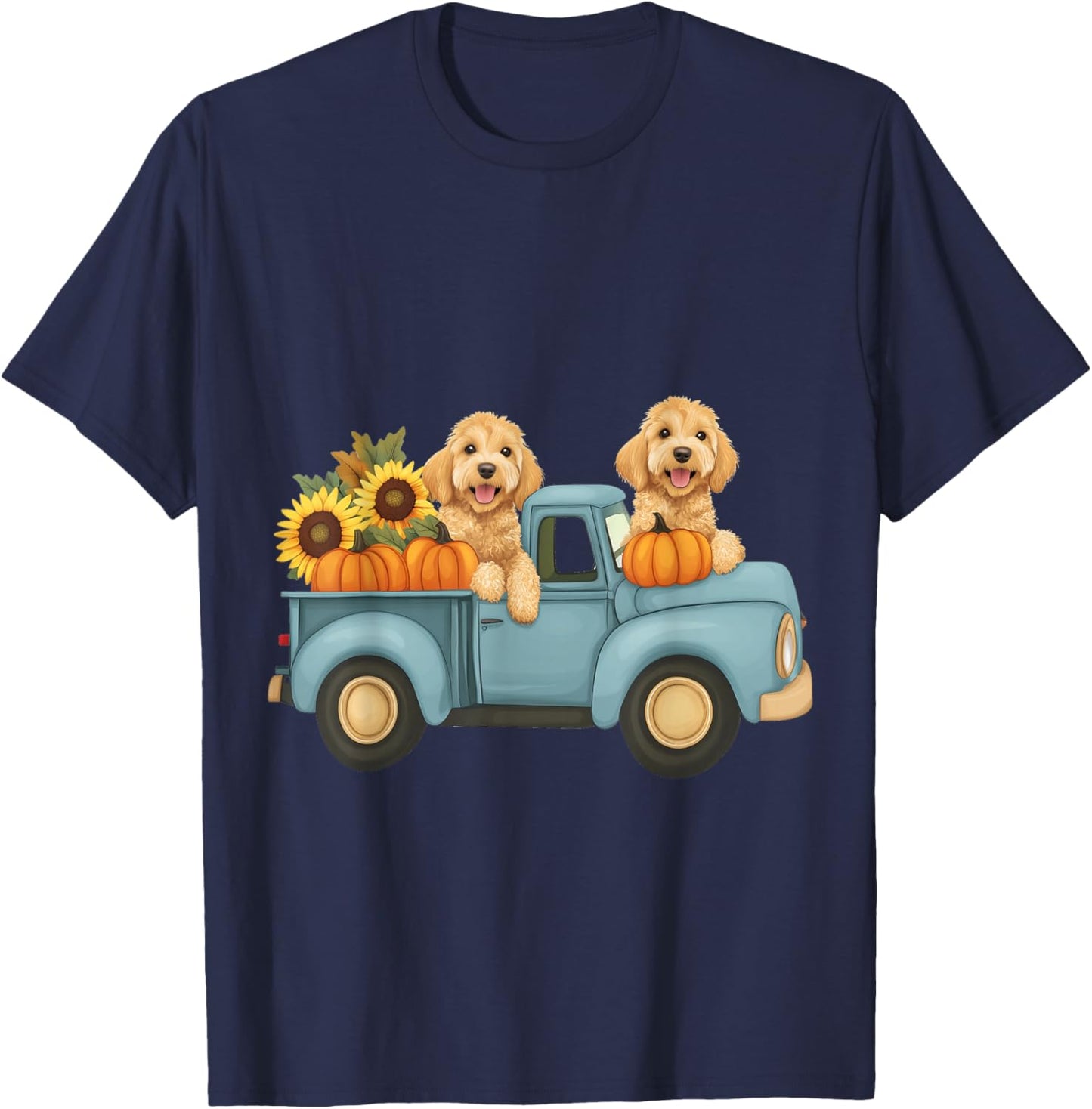 Cute Autumn Goldendoodle Dogs Pumpkin Truck Fall Sunflowers T-Shirt - T-Shirt | Navy