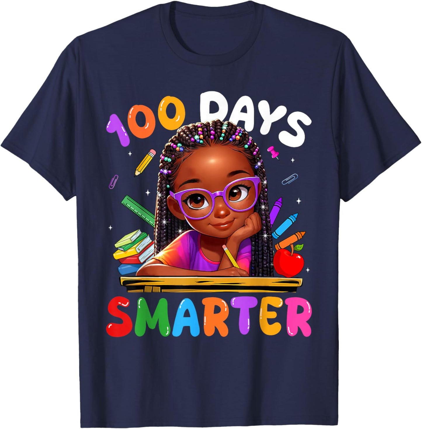 100 Days Smarter Black Girl Messy Bun 100th Day of School T-Shirt - T-Shirt | Navy