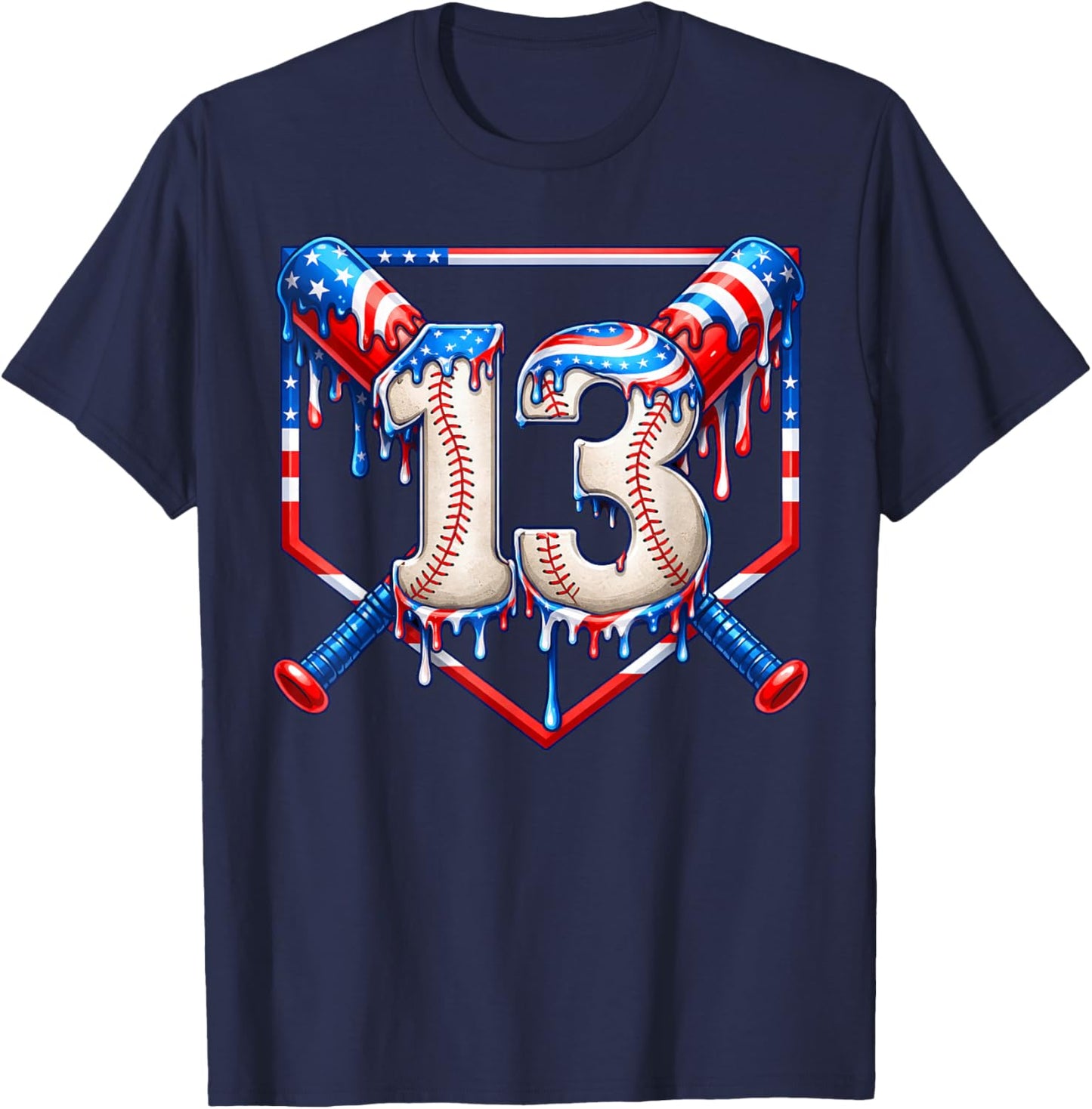 13th Birthday Baseball drip USA Flag Boy Official Teenager T-Shirt - T-Shirt | Navy