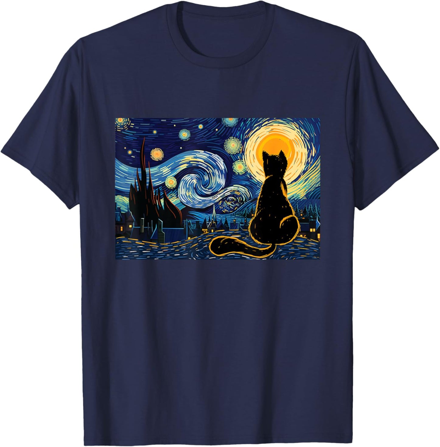 Cat Lookig At Starry Night - Cat Lover Kitten Owner Kitty Men Women Girls Kids T-Shirt - T-Shirt | Navy