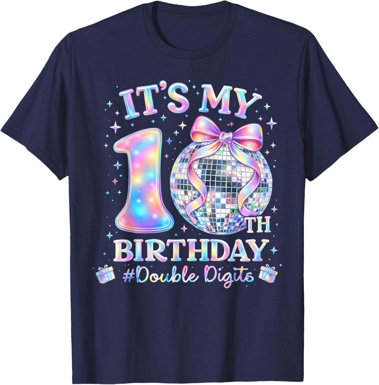 It's My 10th Birthday Girl Double Digits Disco Bow Ball T-Shirt - T-Shirt | Navy