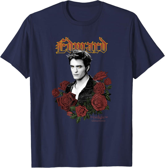 Twilight Edward Goth Print with Roses Vintage Movie T-Shirt - T-Shirt | Navy