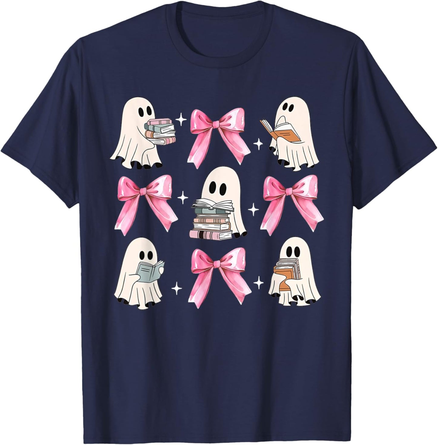 Little Pink Bow Ghost Reading Books Halloween Coquette Book T-Shirt - T-Shirt | Navy