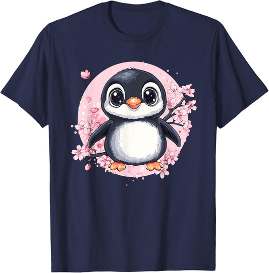 Cute Penguin Sakura Blossom Delight T-Shirt - T-Shirt | Navy