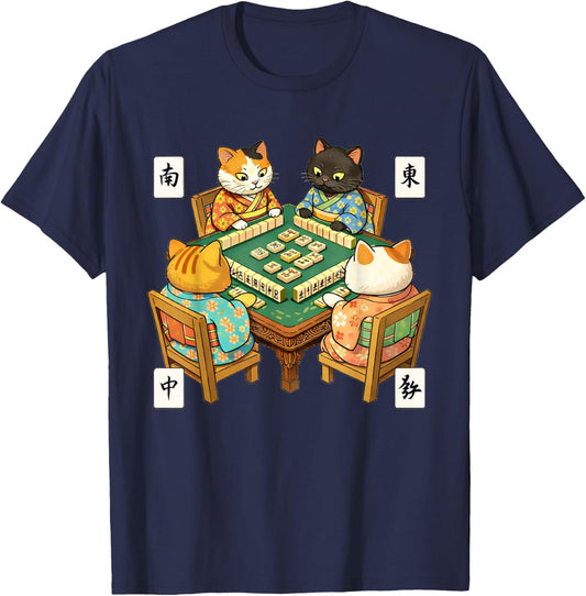 Cute Cats Playing Mahjong Funny Animal Game Lover T-Shirt - T-Shirt | Navy
