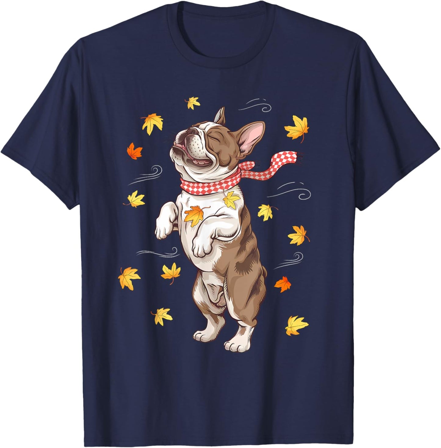 Cute Dog Autumn Fall Breeze Leaves French Bulldog T-Shirt - T-Shirt | Navy