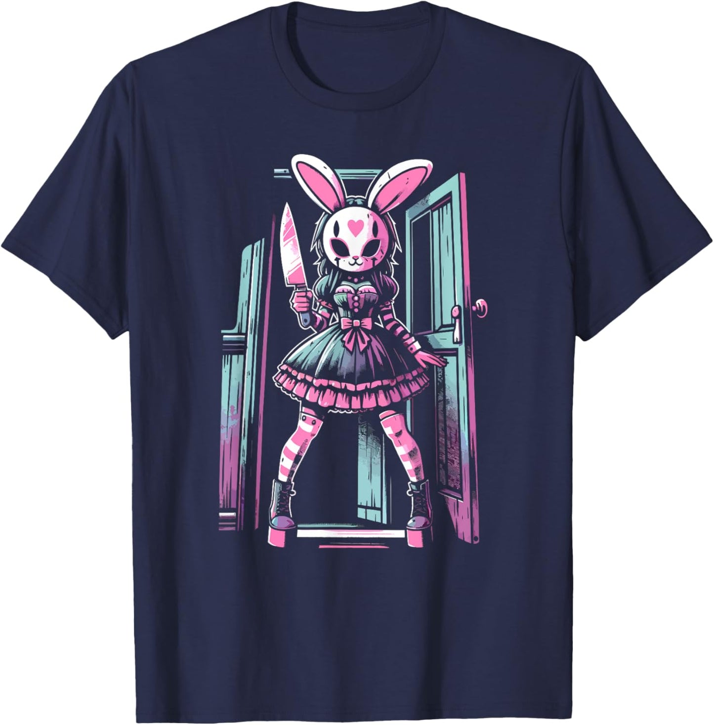 Pastel Goth Bunny Mask Girl Horror Slasher Anime Alt Rabbit T-Shirt - T-Shirt | Navy