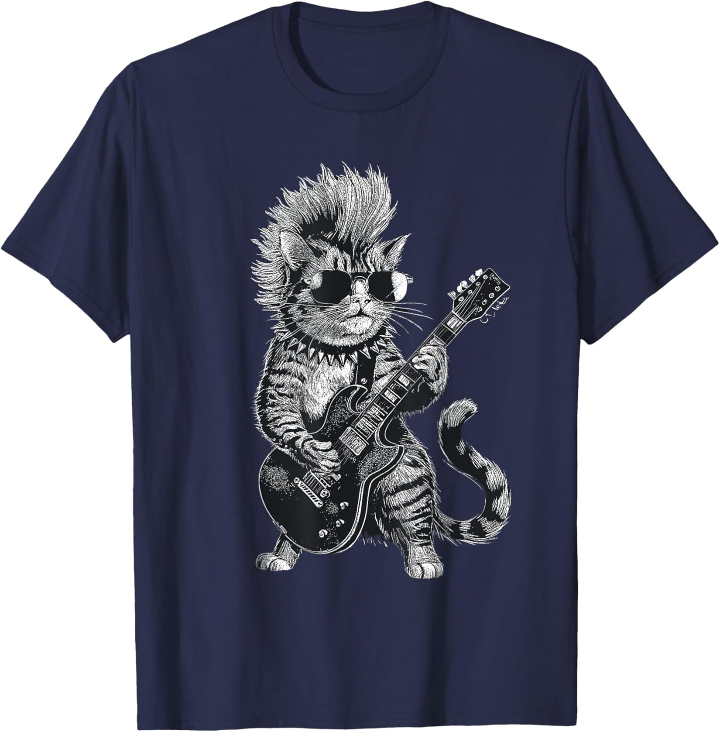 Cat Playing Electric Guitar Punk Rock Cat Rockstar T-Shirt - T-Shirt | Navy