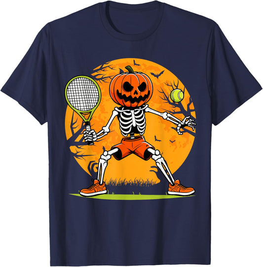 Halloween Tennis Pumpkin Head Skeleton Tennis Halloween T-Shirt - T-Shirt | Navy