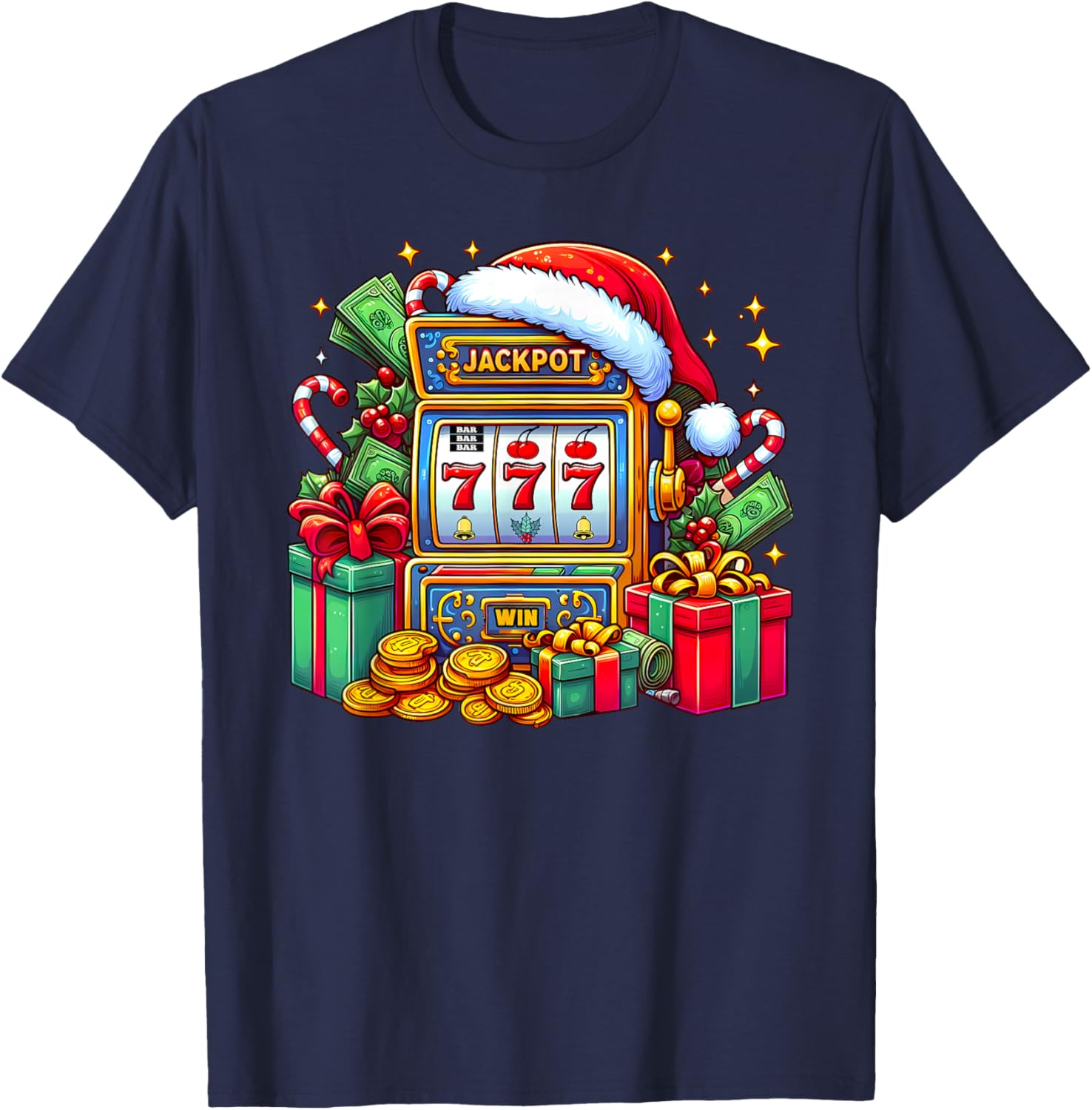 Christmas Slot Machine Casino Lucky Winner Xmas Big Jackpot T-Shirt - T-Shirt | Navy