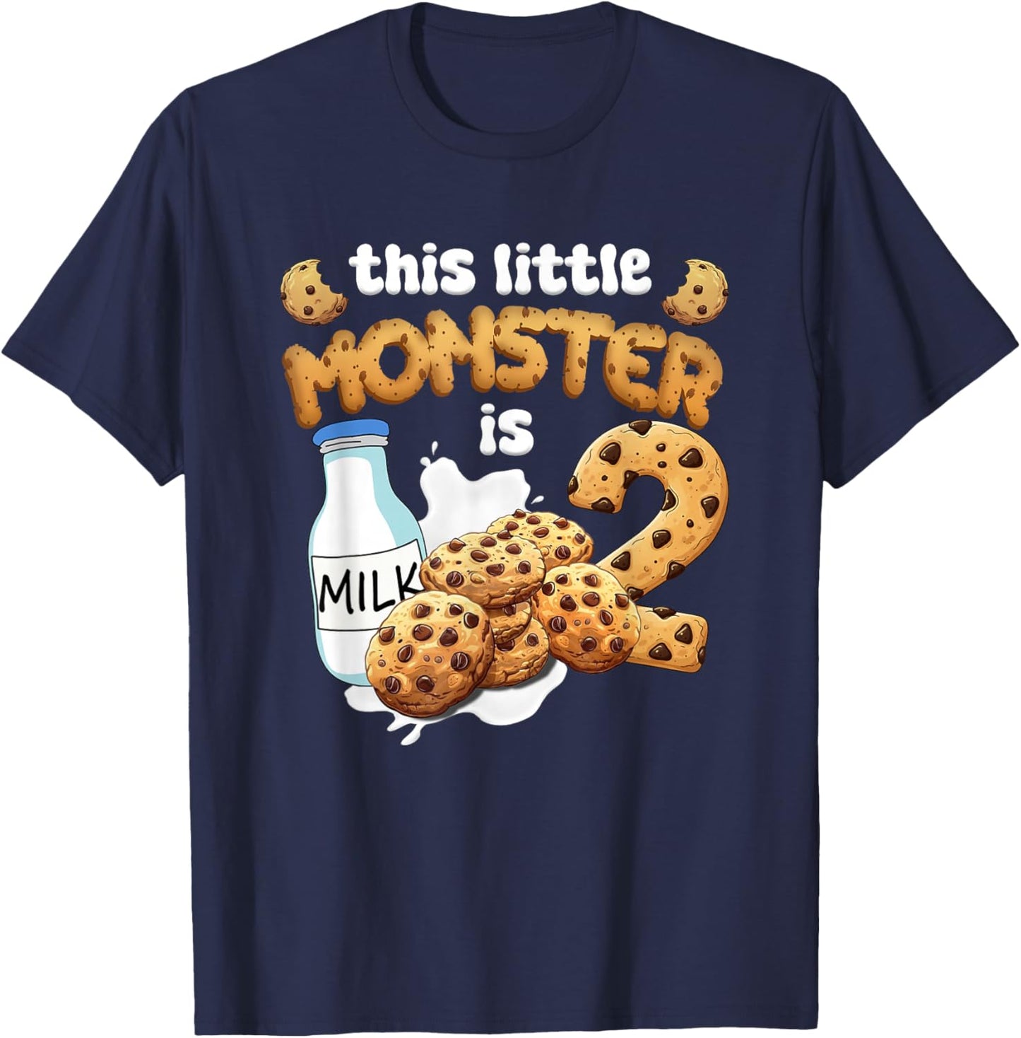 Milk and Cookies This Little Monster is 2 2nd Bday Boy Girl T-Shirt - T-Shirt | Navy