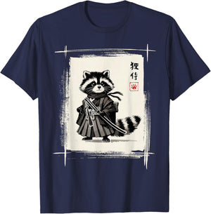 Samurai Raccoon Japanese Art Sumi-e Kawaii Funny Raccoon T-Shirt - T-Shirt | Navy
