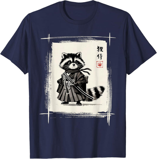 Samurai Raccoon Japanese Art Sumi-e Kawaii Funny Raccoon T-Shirt - T-Shirt | Navy