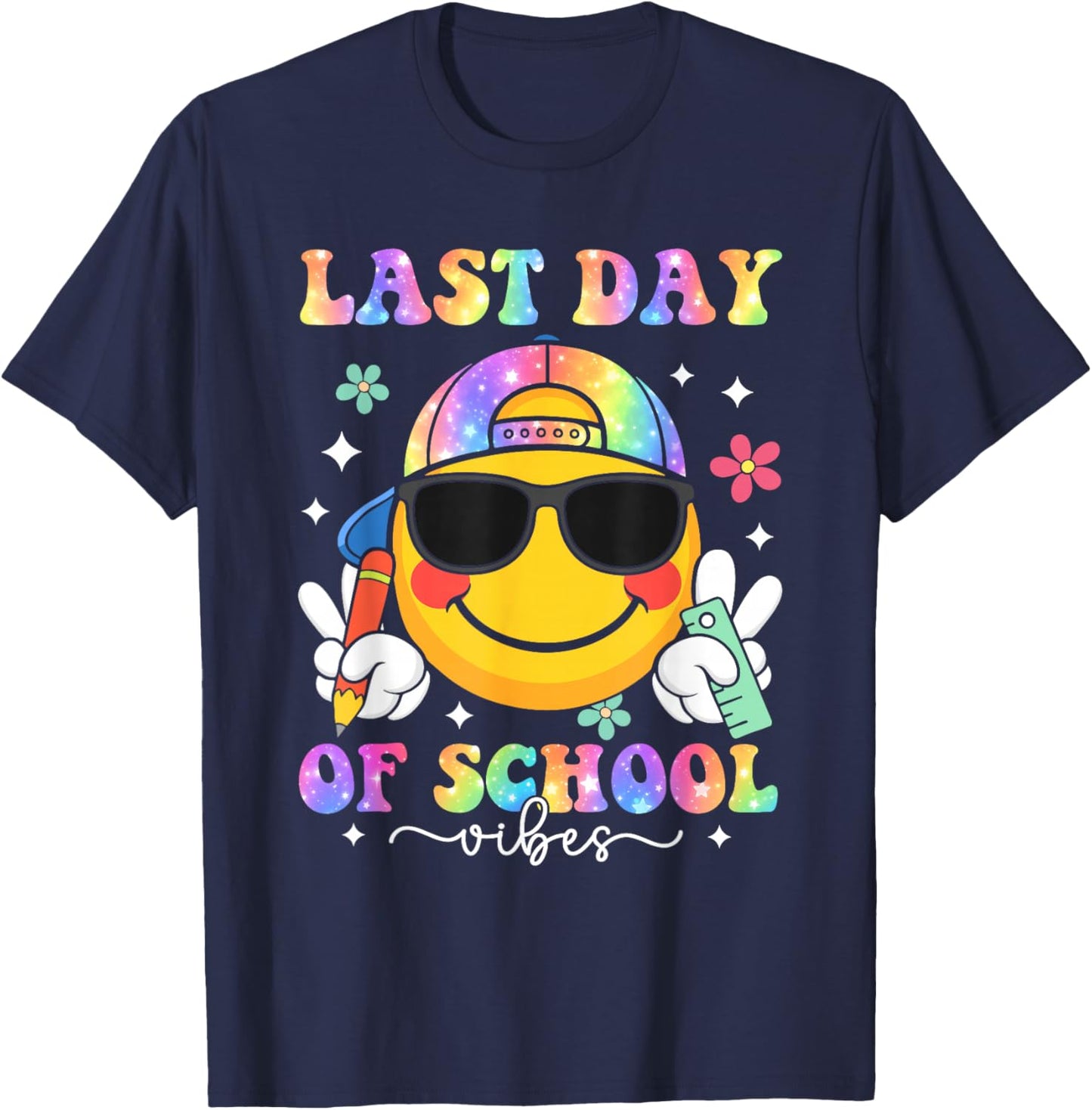 Groovy Last Day of School Vibes Smile Face Graduation Kids T-Shirt - T-Shirt | Navy