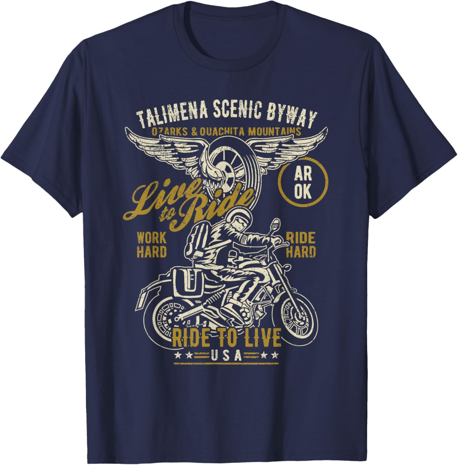 Talimena Scenic Byway AR OK USA Motorcycle Distressed Design T-Shirt - T-Shirt | Navy