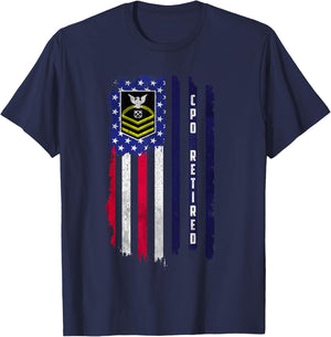 Retired E-7 Chief Petty Officer CPO Rank American Flag Papa T-Shirt - T-Shirt | Navy