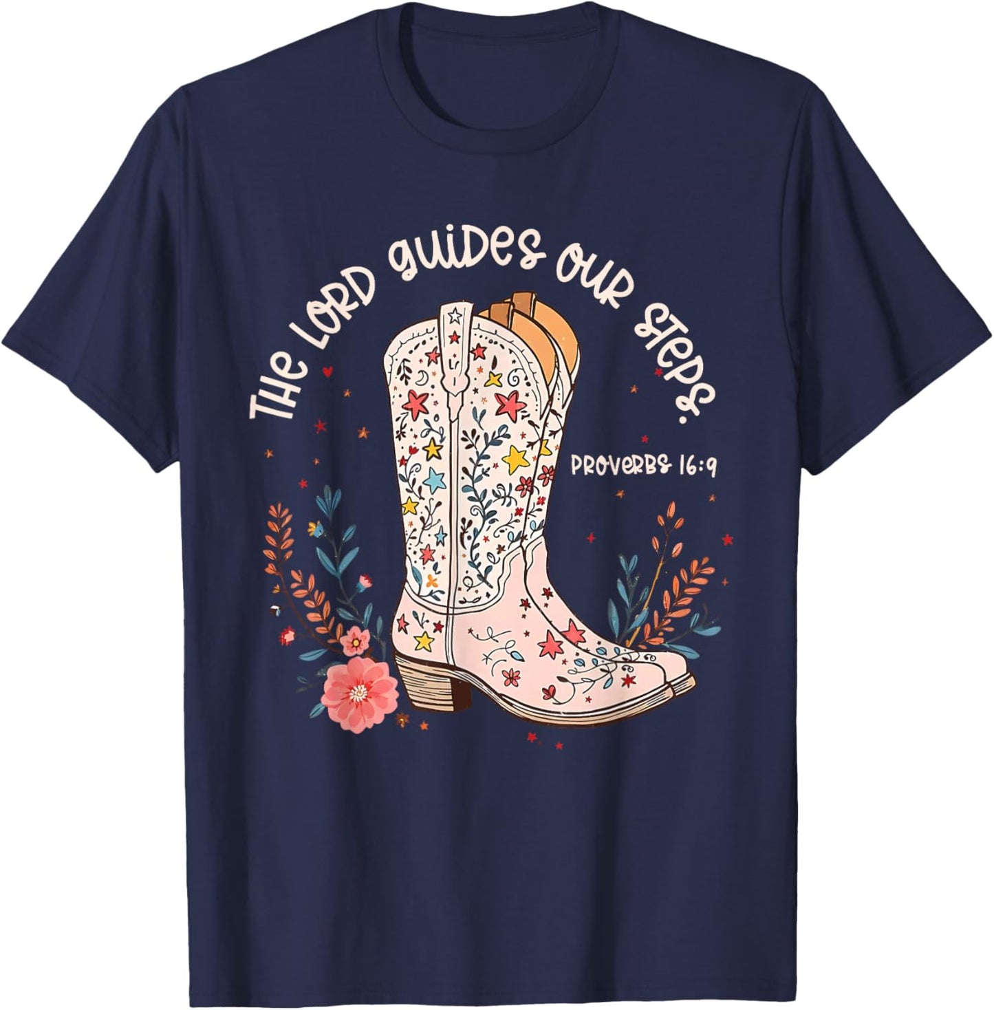 The Lord Guides Our Steps Walk by Faith Wildflower Boots T-Shirt - T-Shirt | Navy