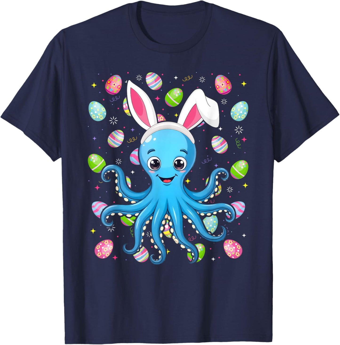 Octopus Happy Easter Egg Hunt Bunny Ear Octopus Easter T-Shirt - T-Shirt | Navy