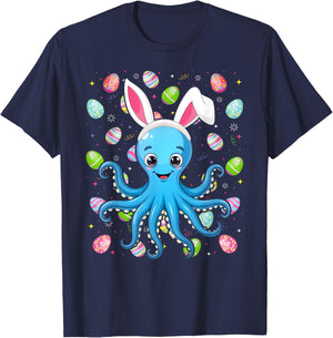 Octopus Happy Easter Egg Hunt Bunny Ear Octopus Easter T-Shirt - T-Shirt | Navy