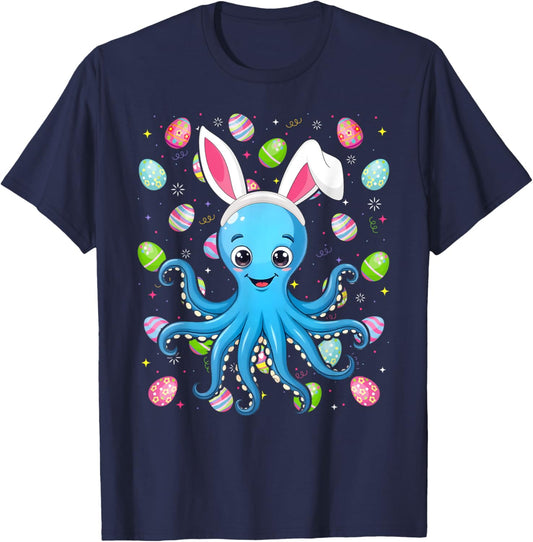 Octopus Happy Easter Egg Hunt Bunny Ear Octopus Easter T-Shirt - T-Shirt | Navy