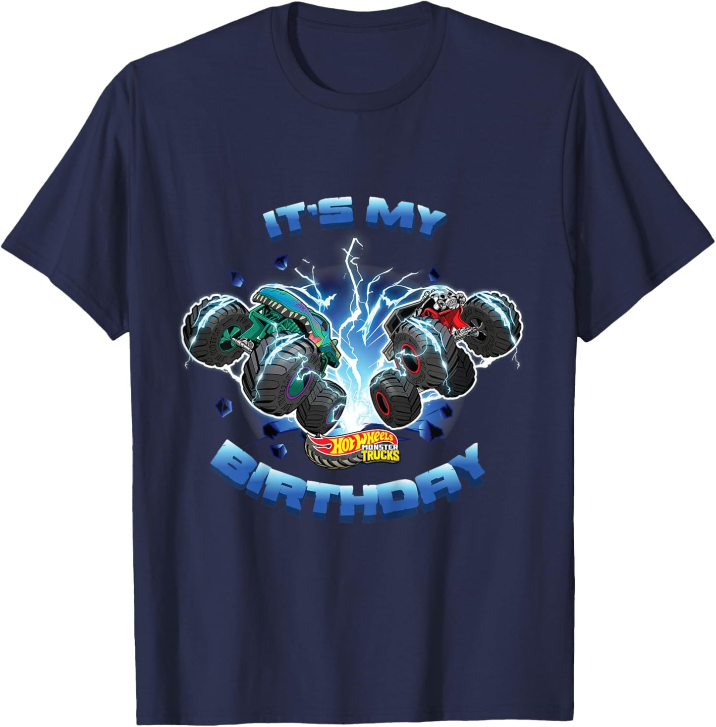 Kids Hot Wheels Monster Trucks - It's My Birthday Smash and Crash T-Shirt - T-Shirt | Navy