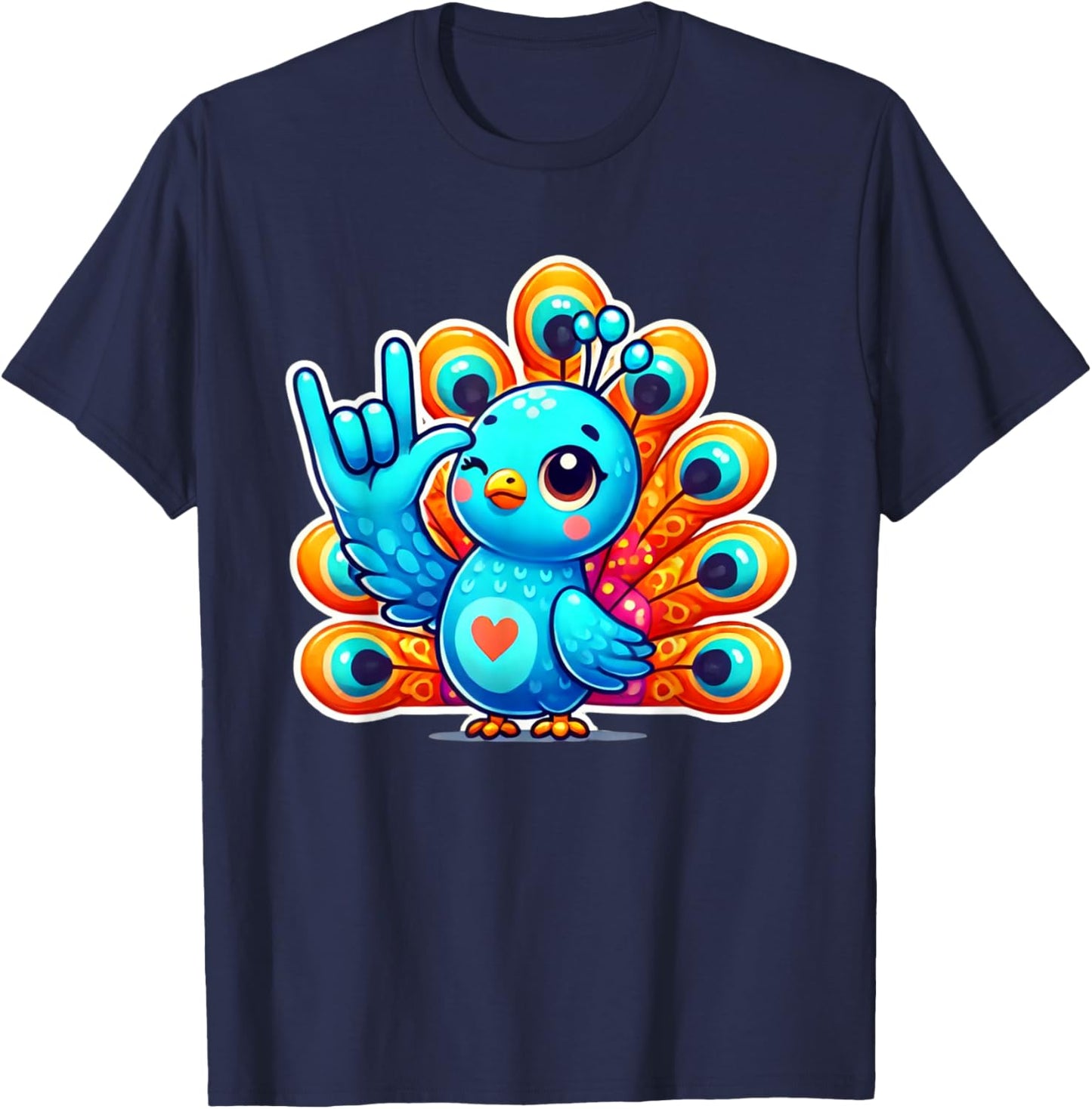 Cute Peacock Bird Love You Hand Sign Language ASL T-Shirt - T-Shirt | Navy