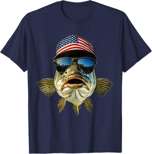Bass Fishing Outfit USA Flag America Cap and Sunglasses T-Shirt - T-Shirt | Navy