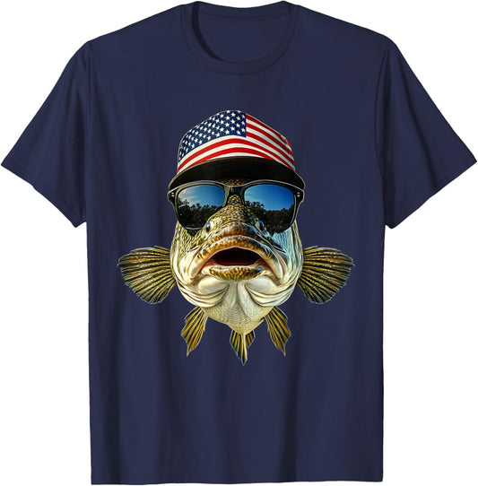 Bass Fishing Outfit USA Flag America Cap and Sunglasses T-Shirt - T-Shirt | Navy