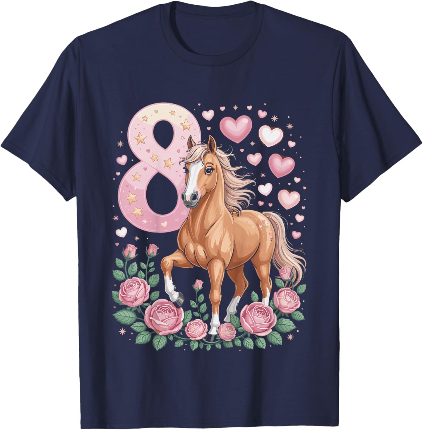 8th Birthday Horse Girl 8 Years Horse Decoration Riding Pony T-Shirt - T-Shirt | Navy