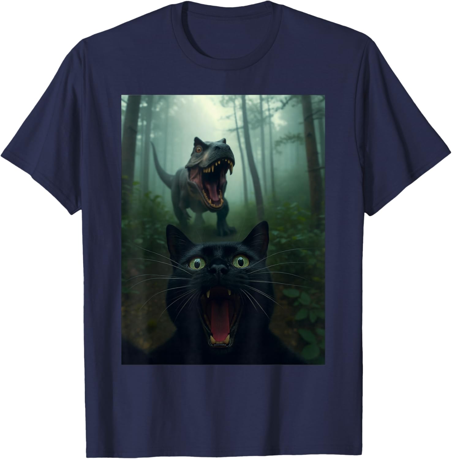 Funny Cat Selfie with T-Rex Dinosaur Gifts Women Kid T-Shirt - T-Shirt | Navy